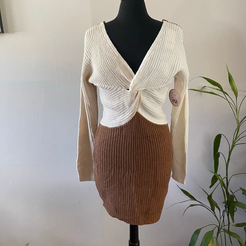 Crave Fame Womens M Reversible Knit Sweater Dress Brown Tan Cream Cozy NWT
